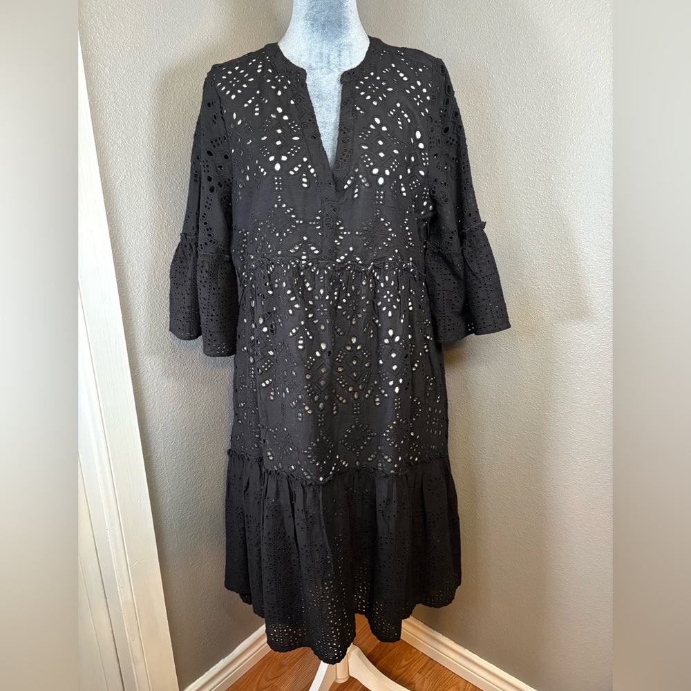 Sundance Eyelet Tiered Hi-Lo Black Dress Size PM